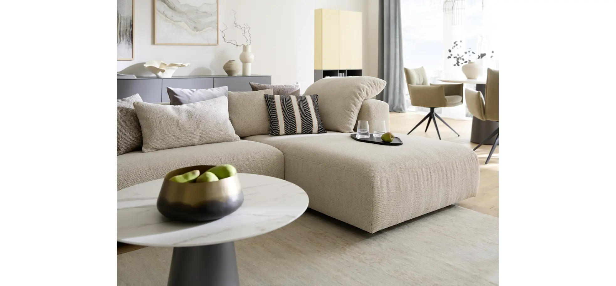 Ecksofa Caruso - Ecke links, 2-Sitzer, Longchair rechts, Stoff, Ecru