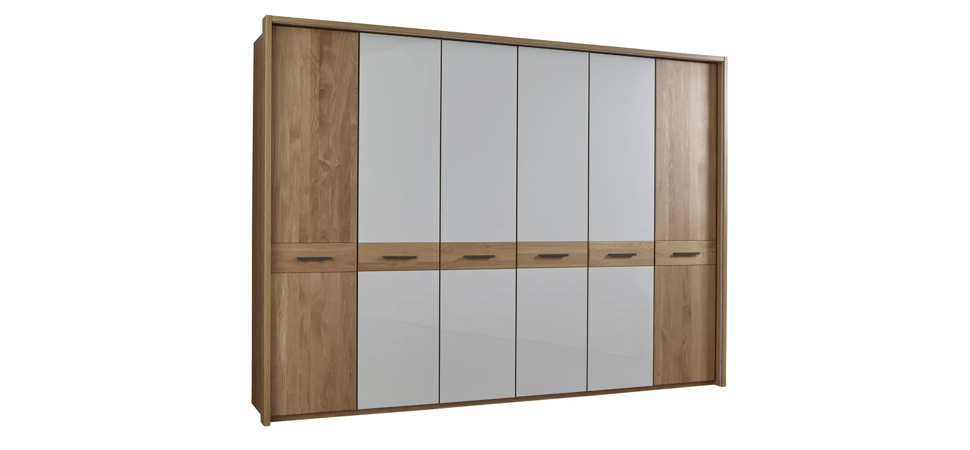 Drehtürenschrank Lenoso - B. ca. 306 cm, Eiche massiv, Glas, Champagner