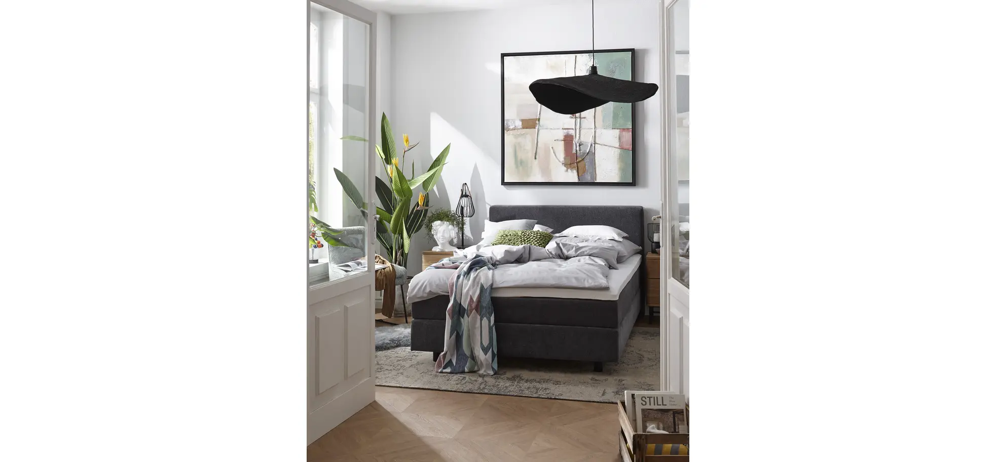 Boxspringbett Valencia - Liegefläche ca. 140x200 cm, Stoff, Anthrazit