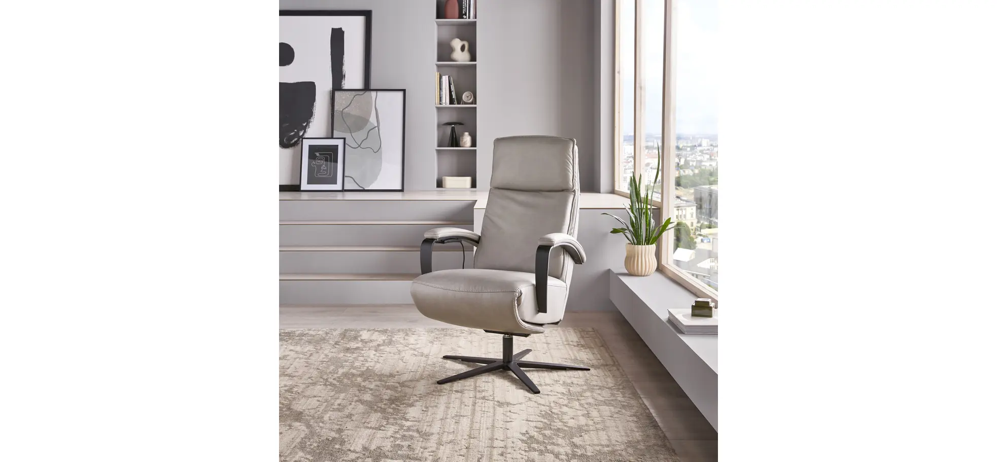 Relaxsessel Avela Relax - Größe L, Kopf-/ Fußteil und Rückenlehne verstellbar, Leder, Steingrau