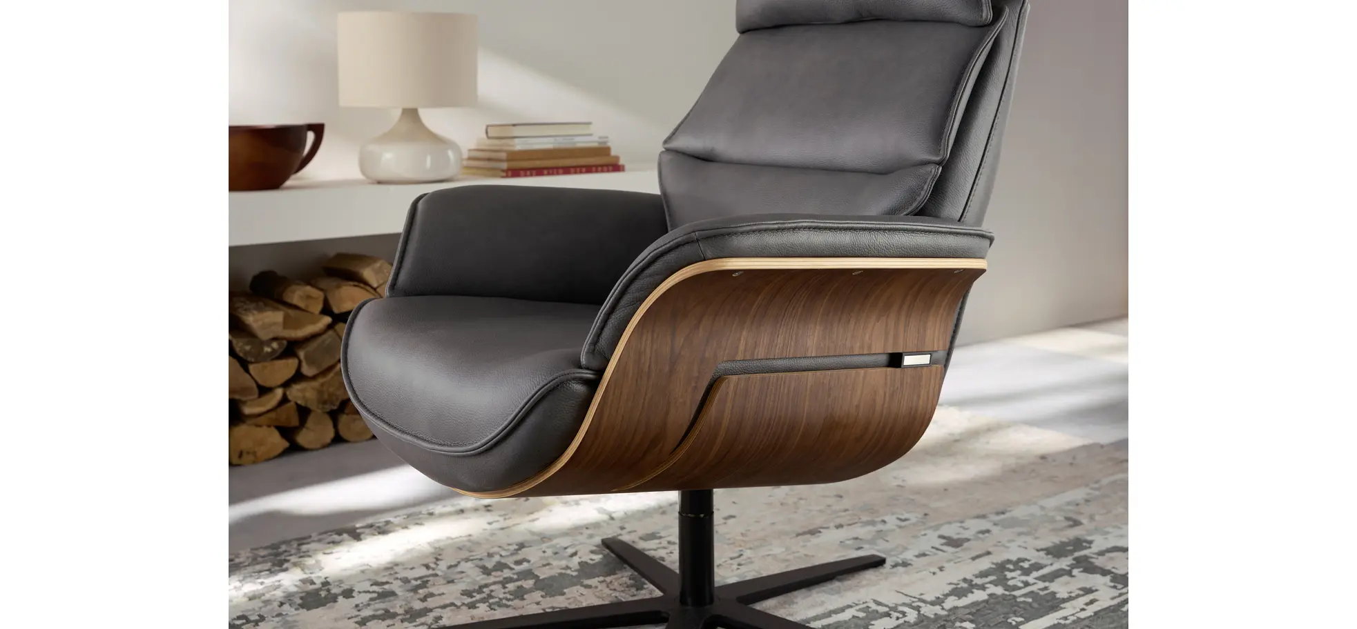 Relaxsessel Perano - Drehbar, Nussbaum, Leder, Anthrazit