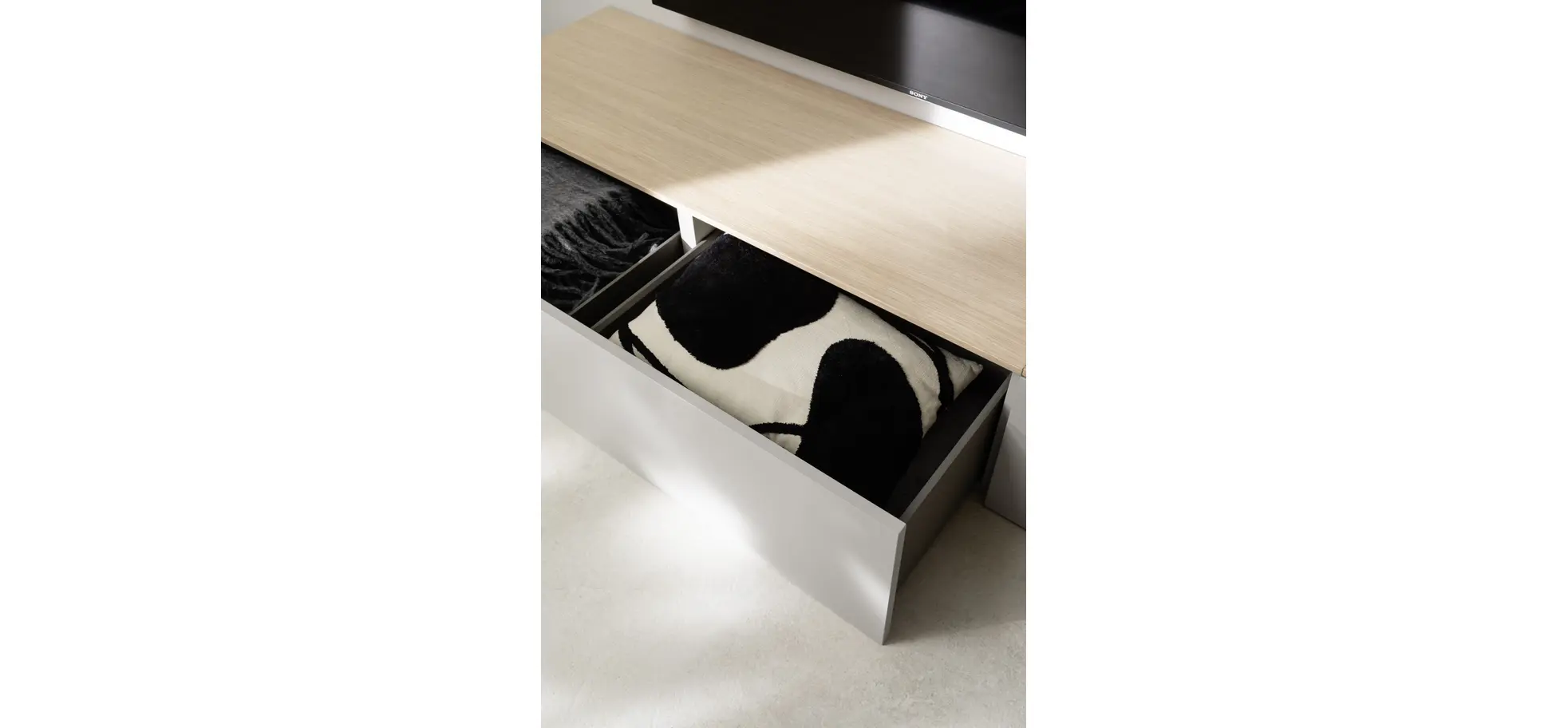 Wohnwand Venzone - B ca. 360 cm, Lack, Hellgrau, Eiche furniert