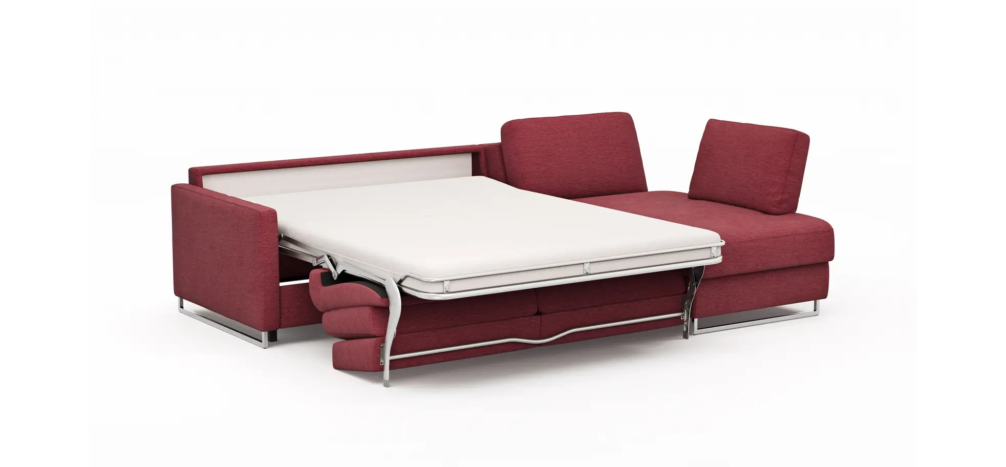 Ecksofa Nuoro - 2-Sitzer mit Longchair rechts inkl. Schlaffunktion und Bettkasten, Stoff, Rubin