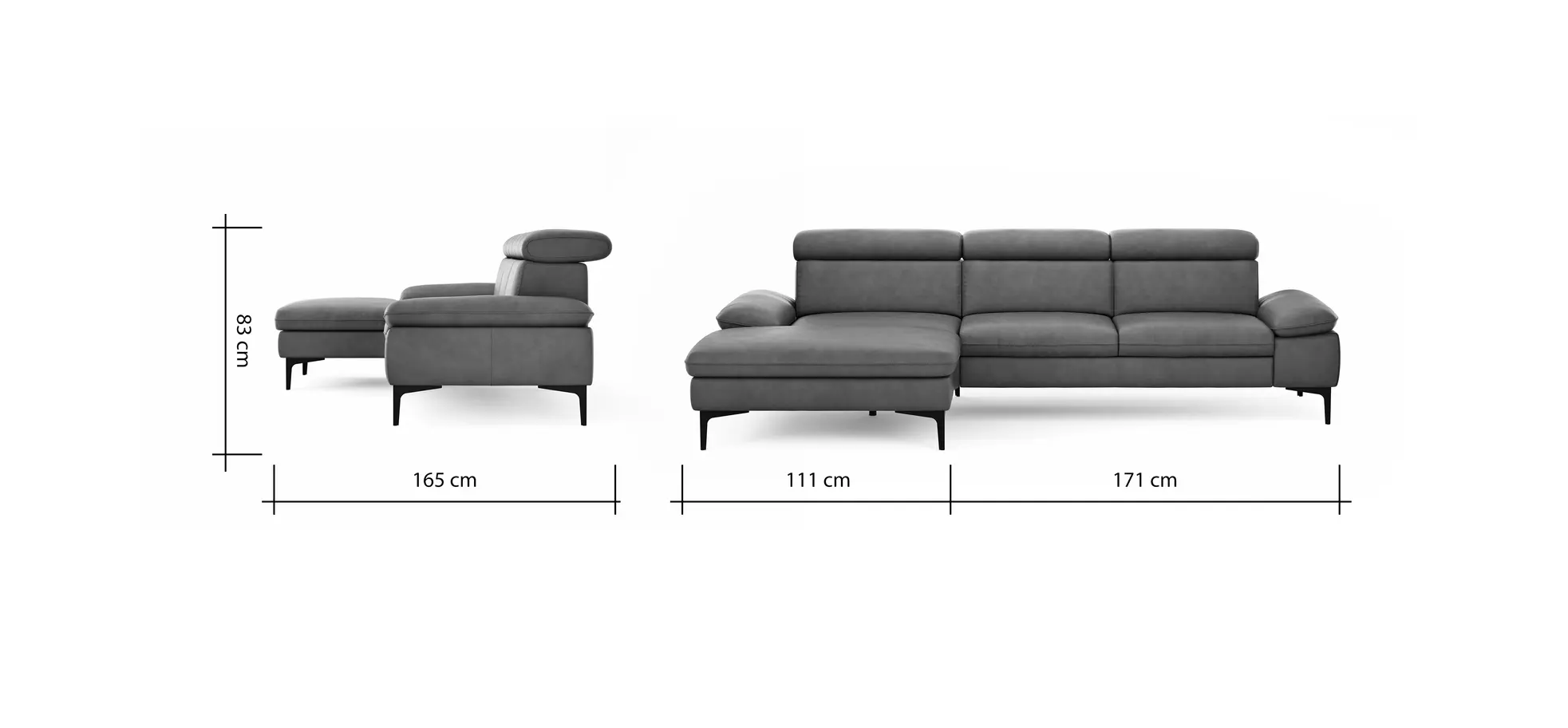 Ecksofa Felipa - Longchair links mit 2,5-Sitzer inkl. Kopfteil verstellbar, Leder, Grau