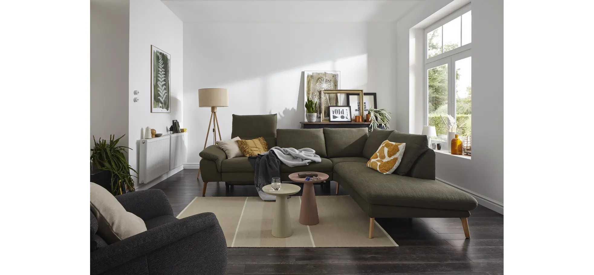 Ecksofa Gotera - 1,5-Sitzer med. + 1,5-Sitzer med. links mit Ecke und Abschlussteil rechts inkl. Rückenlehne verstellbar, Stoff, Olivgrün