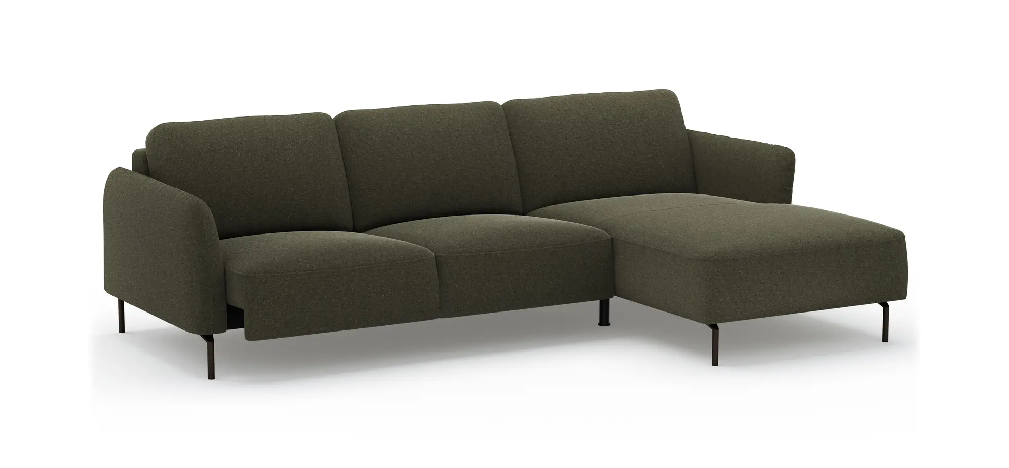 Ecksofa Leona - 3-Sitzer mit Longchair rechts inkl. Sitzvorzug motorisch, Stoff, Braungrün