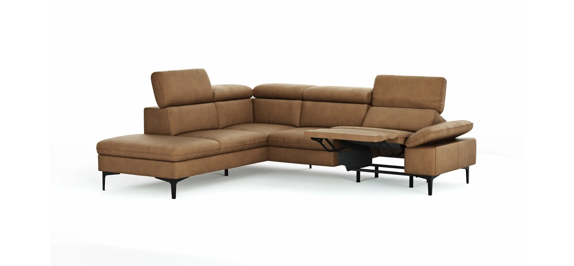 Ecksofa Felipa - Ecke links mit 2,5-Sitzer inkl. Armlehne verstellbar und Rückenlehne/Sitztiefe verstellbar (motorisch), Leder, Cognac