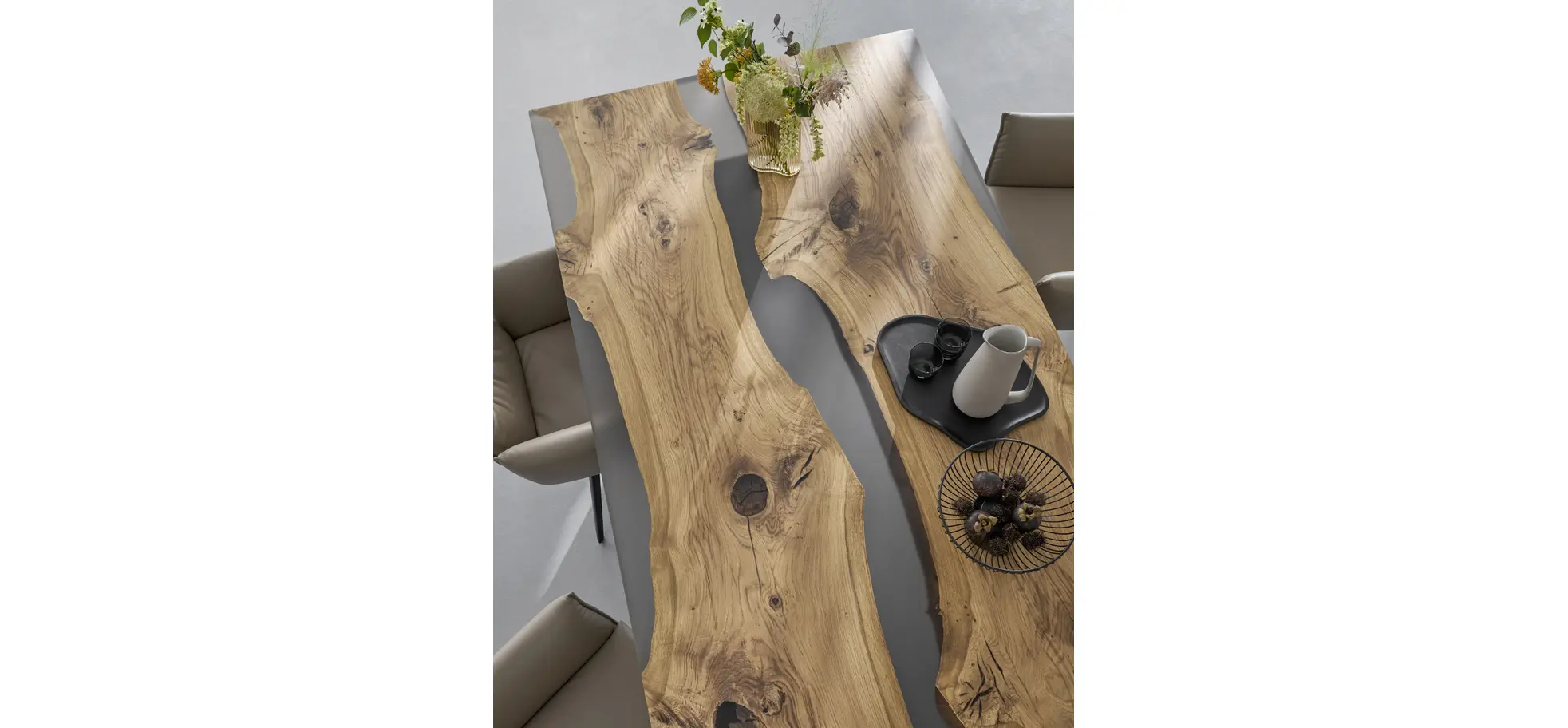 Esstisch Nera - LB ca. 220 x 110 cm, Asteiche massiv, Epoxy, Grau