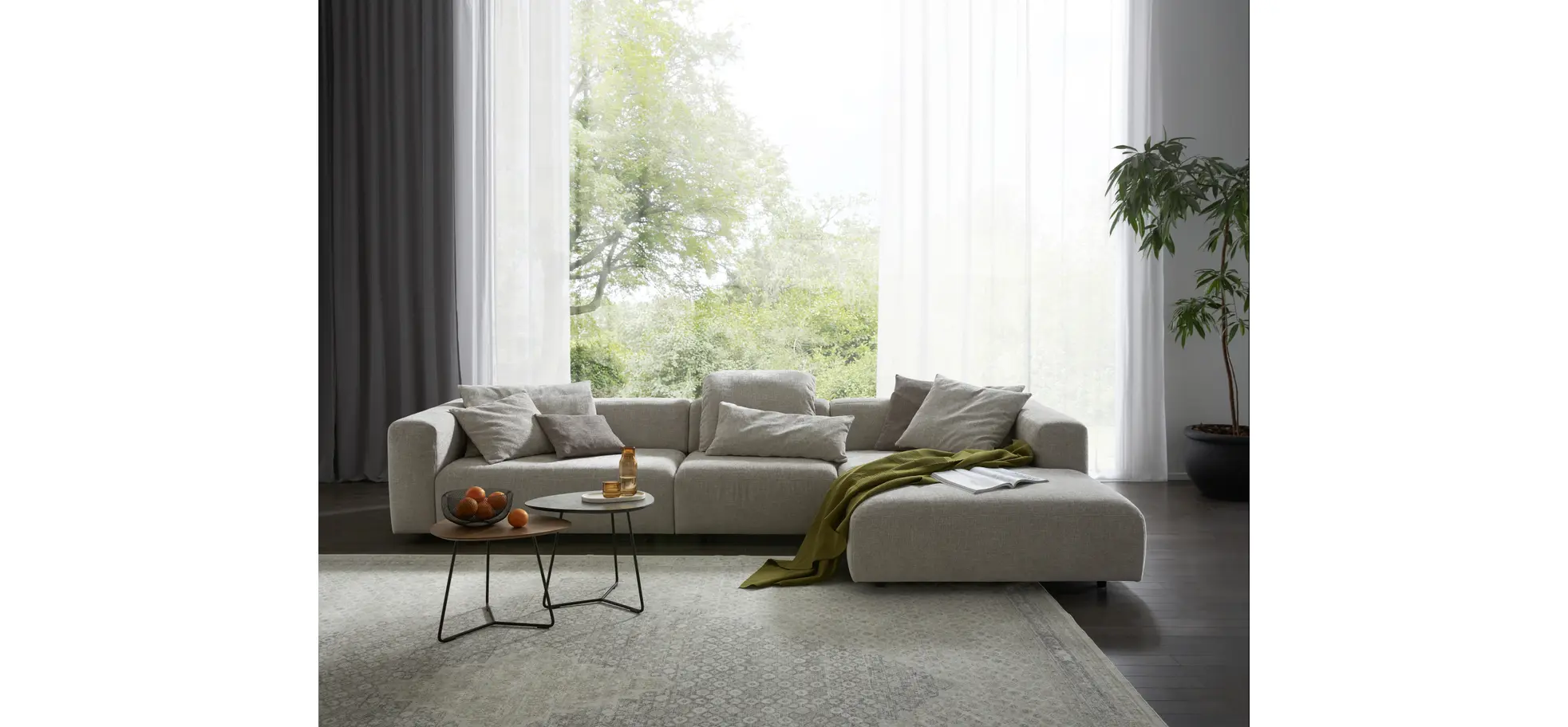 Ecksofa Caruso - 3-Sitzer, Longchair rechts, Stoff, Graubeige
