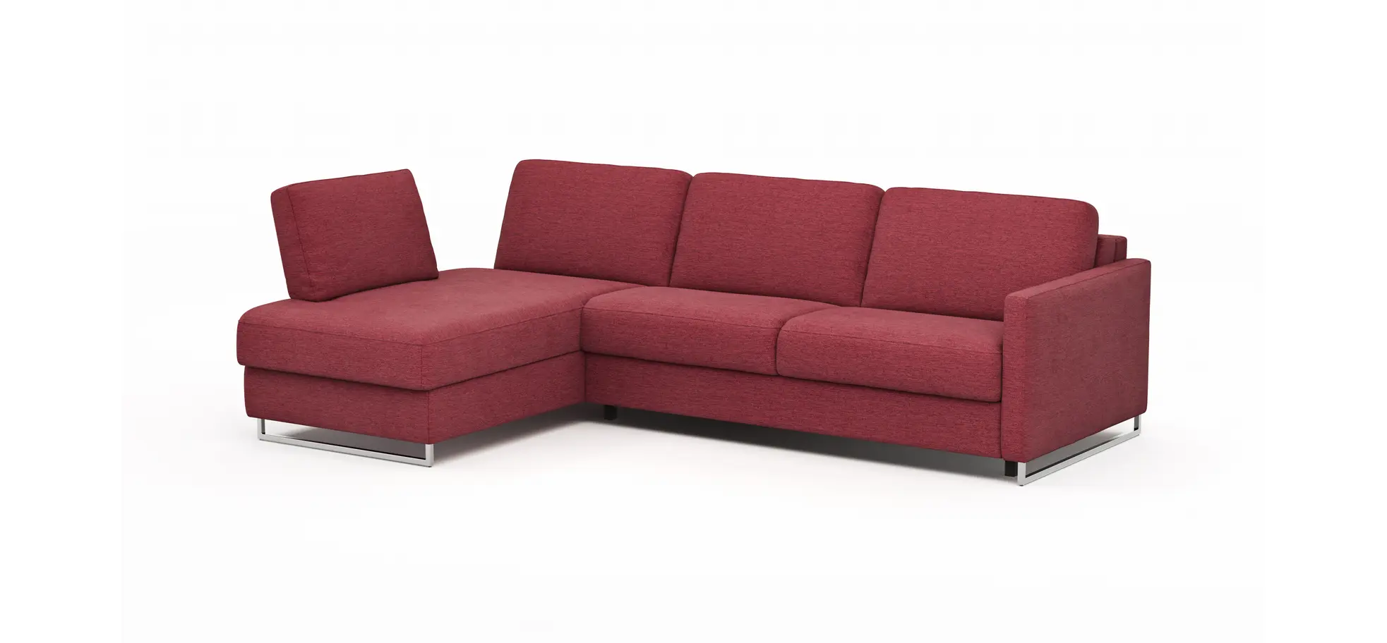 Ecksofa Nuoro - Longchair links mit 2-Sitzer inkl. Schlaffunktion und Bettkasten, Stoff, Rubin