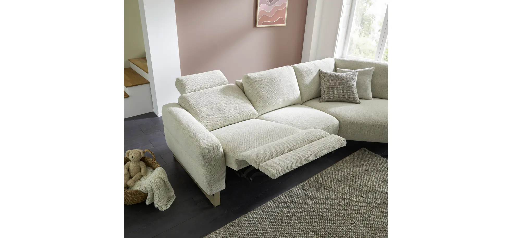 Ecksofa Leona - 2,5-Sitzer mit Ecke rechts inkl. Relaxfunktion motorisch, Stoff, Creme 