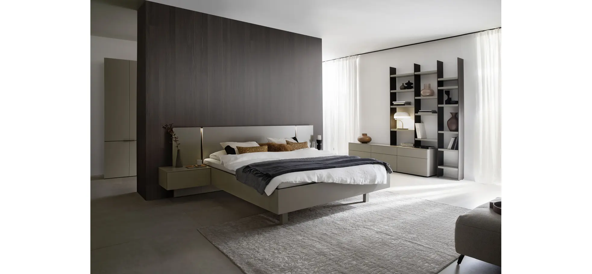 Bettanlage Matera - Liegefläche ca. 180x200 cm, Lack, Muschelgrau, Wildeiche, Coffee