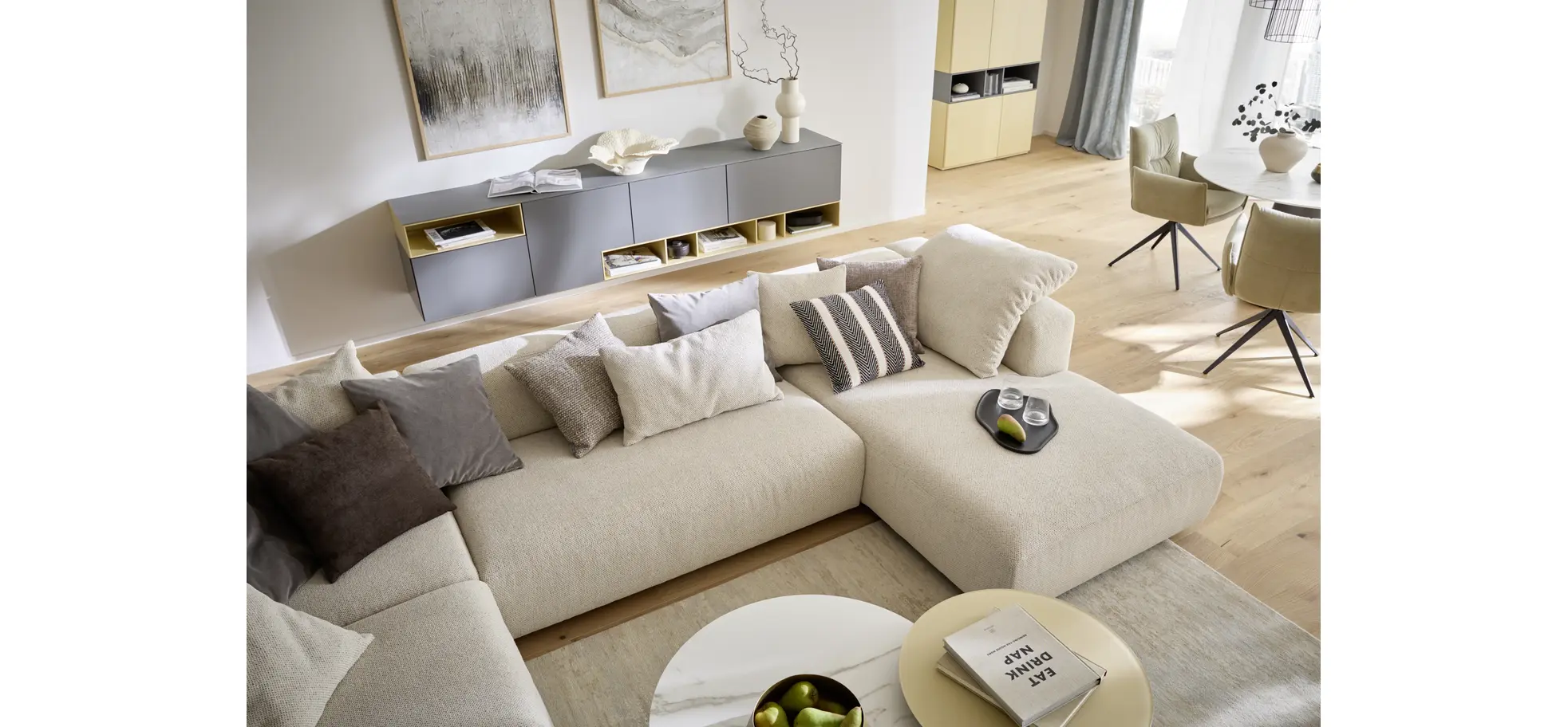 Ecksofa Caruso - Ecke links, 2-Sitzer, Longchair rechts, Stoff, Ecru