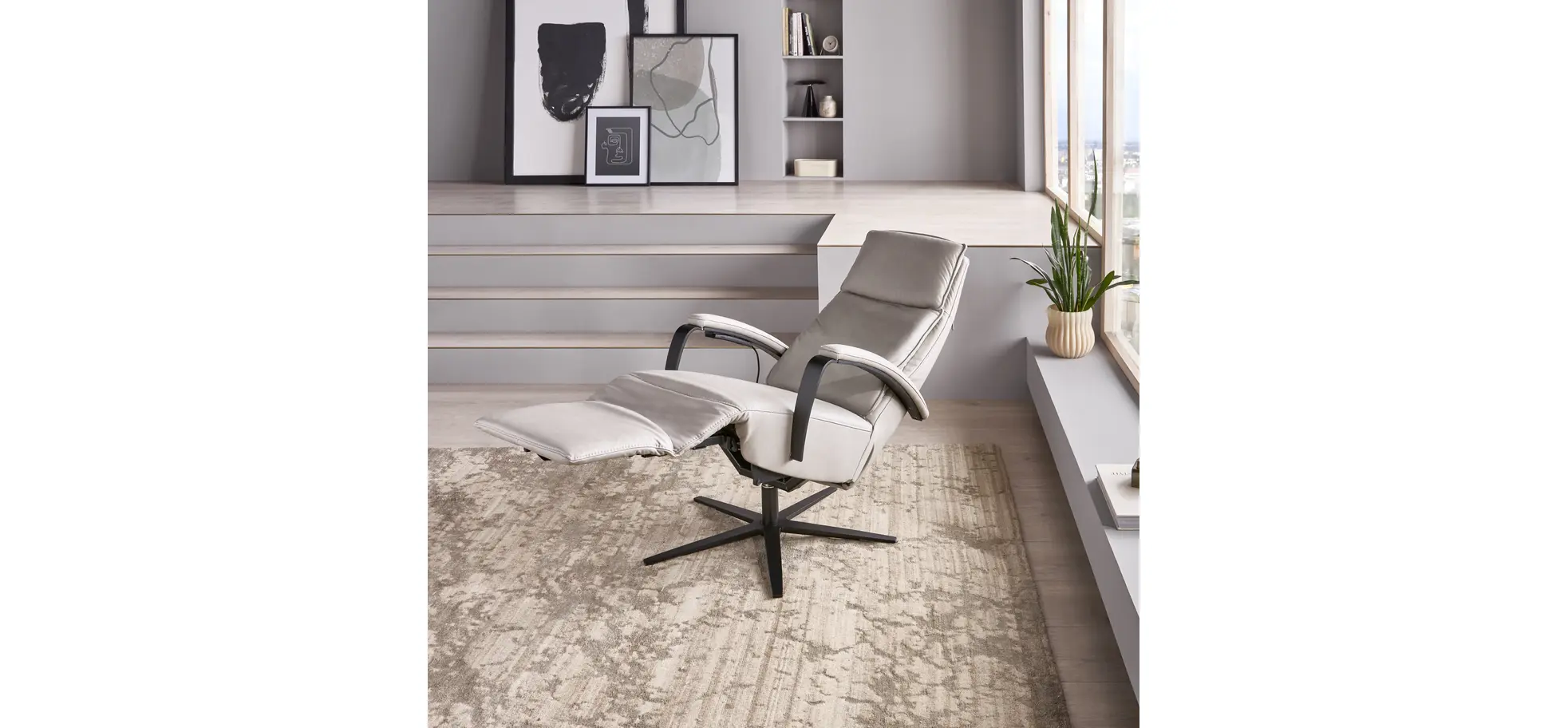 Relaxsessel Avela Relax - Größe L, Kopf-/ Fußteil und Rückenlehne verstellbar, Leder, Steingrau