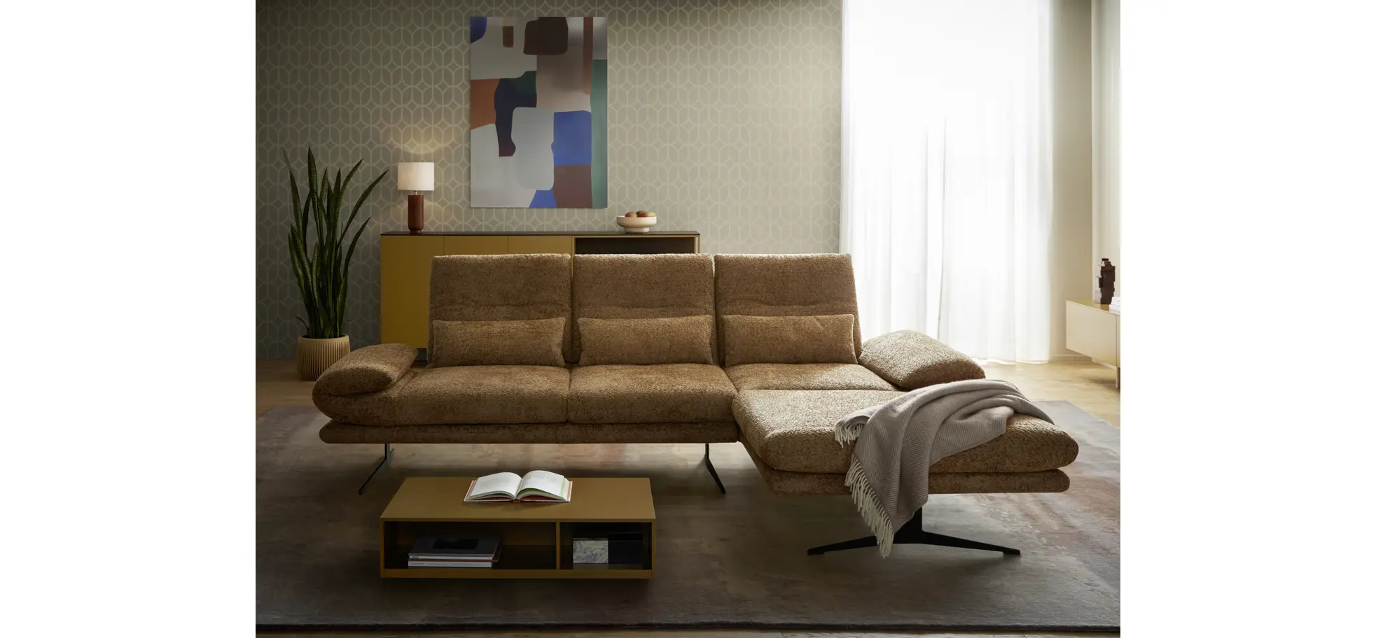 Ecksofa Lucero 2.0 - 2-Sitzer mit Longchair rechts inkl. Rückenlehne verstellbar, Stoff, Cognac