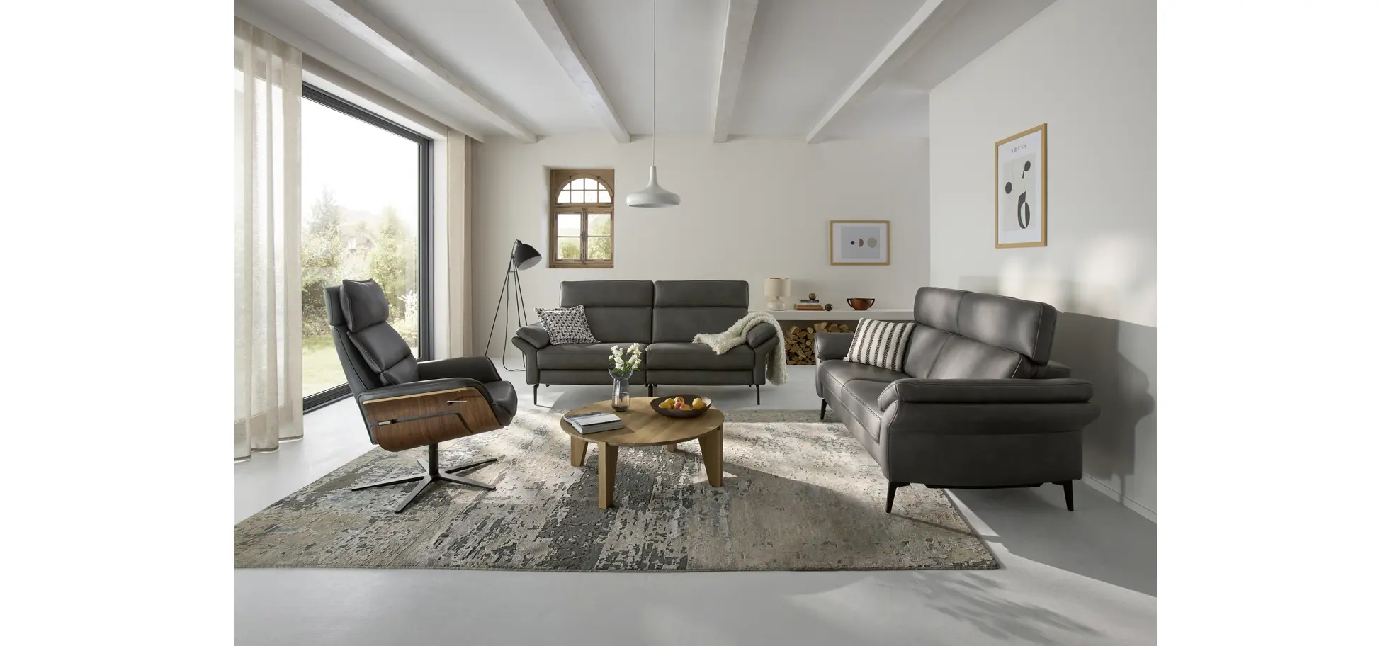 Relaxsessel Perano - Drehbar, Nussbaum, Leder, Anthrazit