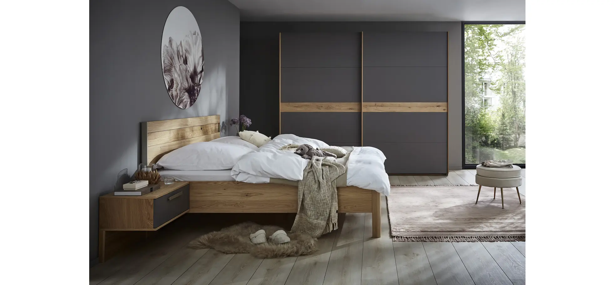 Bett Viana - Liegefläche ca. 200x200 cm, Furnier, Balkeneiche