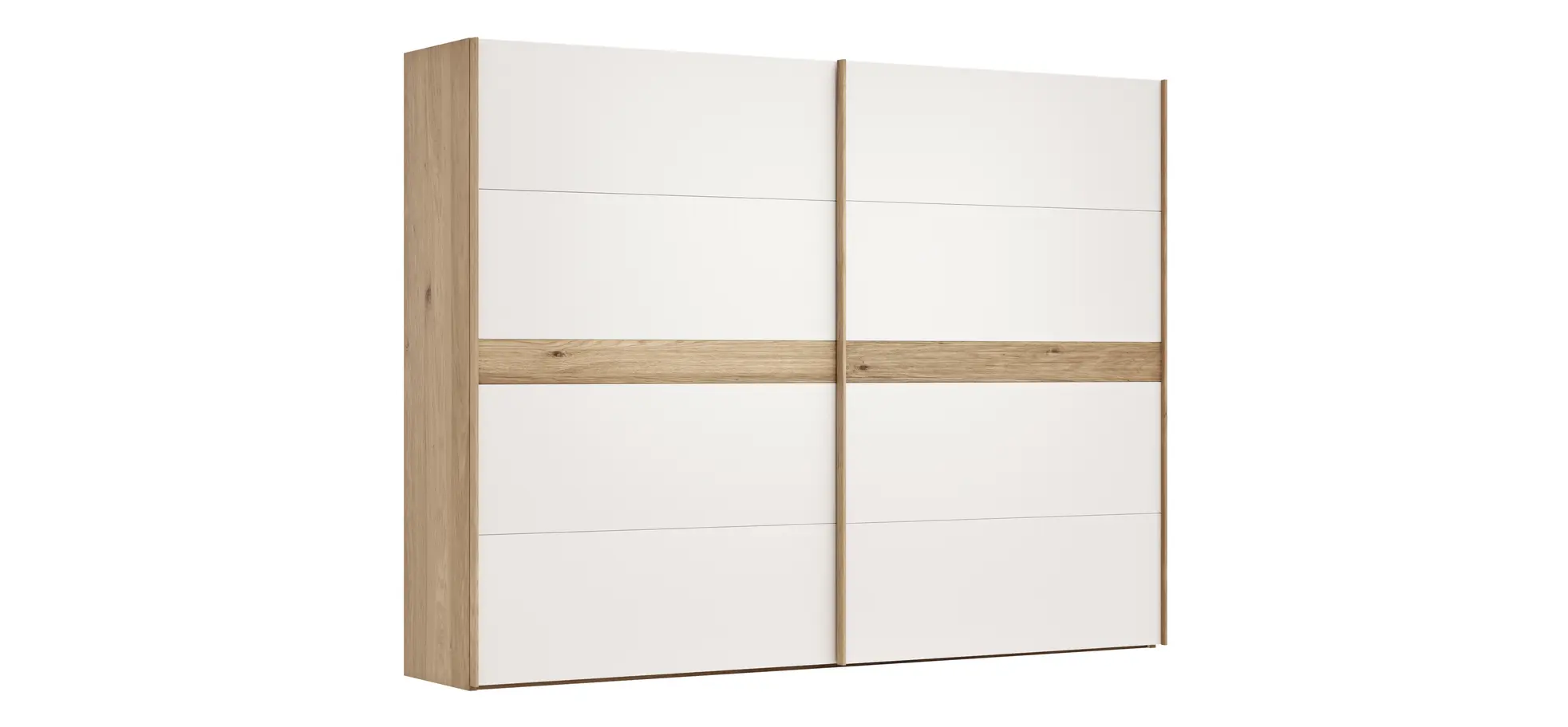 Schwebetürenschrank Viana - B ca. 301 cm, Lack, Weiß, Riffholz, Balkeneiche 120141