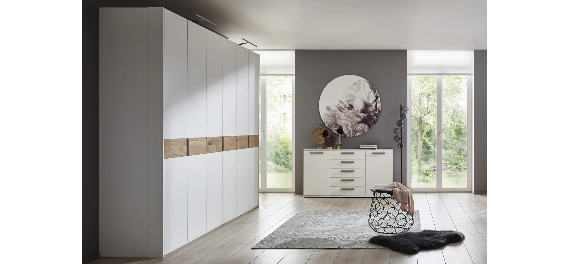 Drehtürenschrank Viana - B ca. 204 cm, Lack, Weiß, Riffholz, Wildeiche