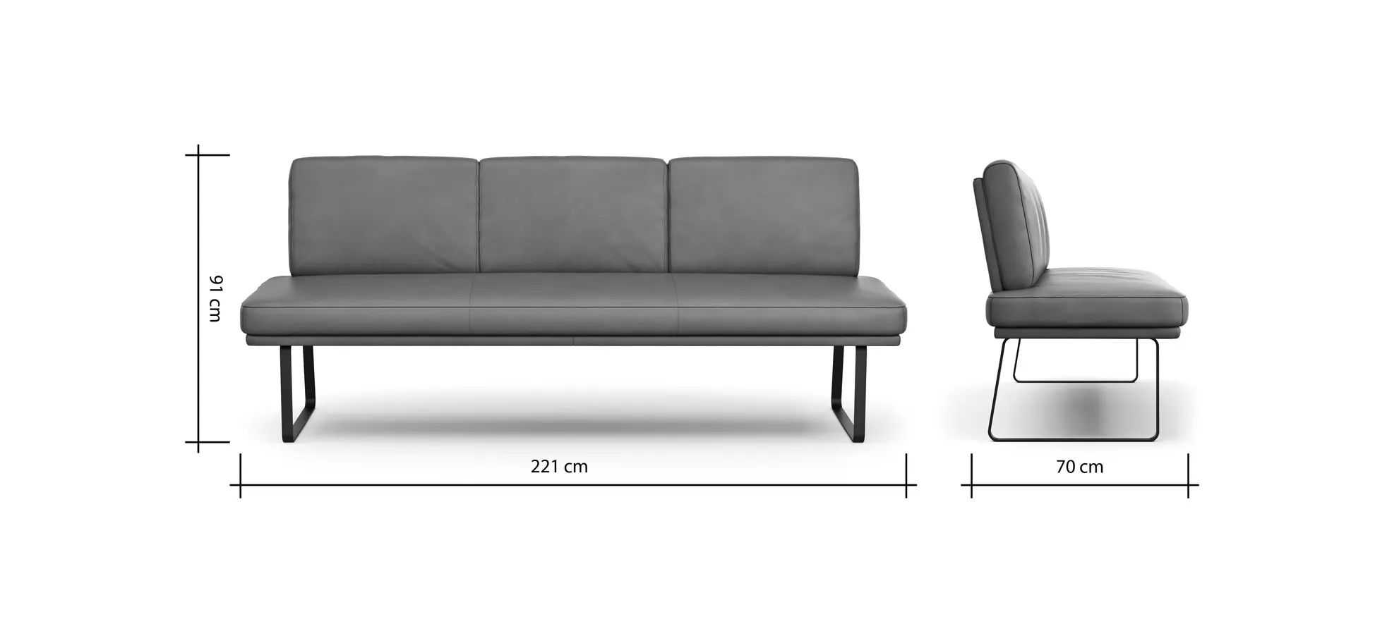 Bank Valloni - B ca. 221 cm, mit Rückenlehne, Leder, Hellblau