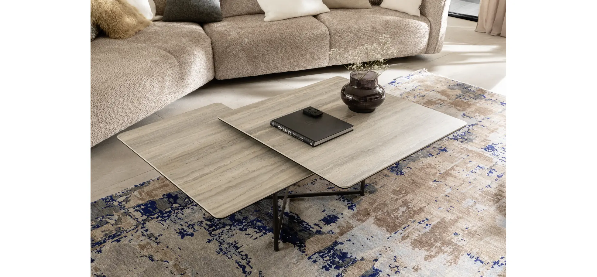 Couchtisch Cena - LB ca. 132x108 cm, Platten drehbar, Keramik, Travertin 