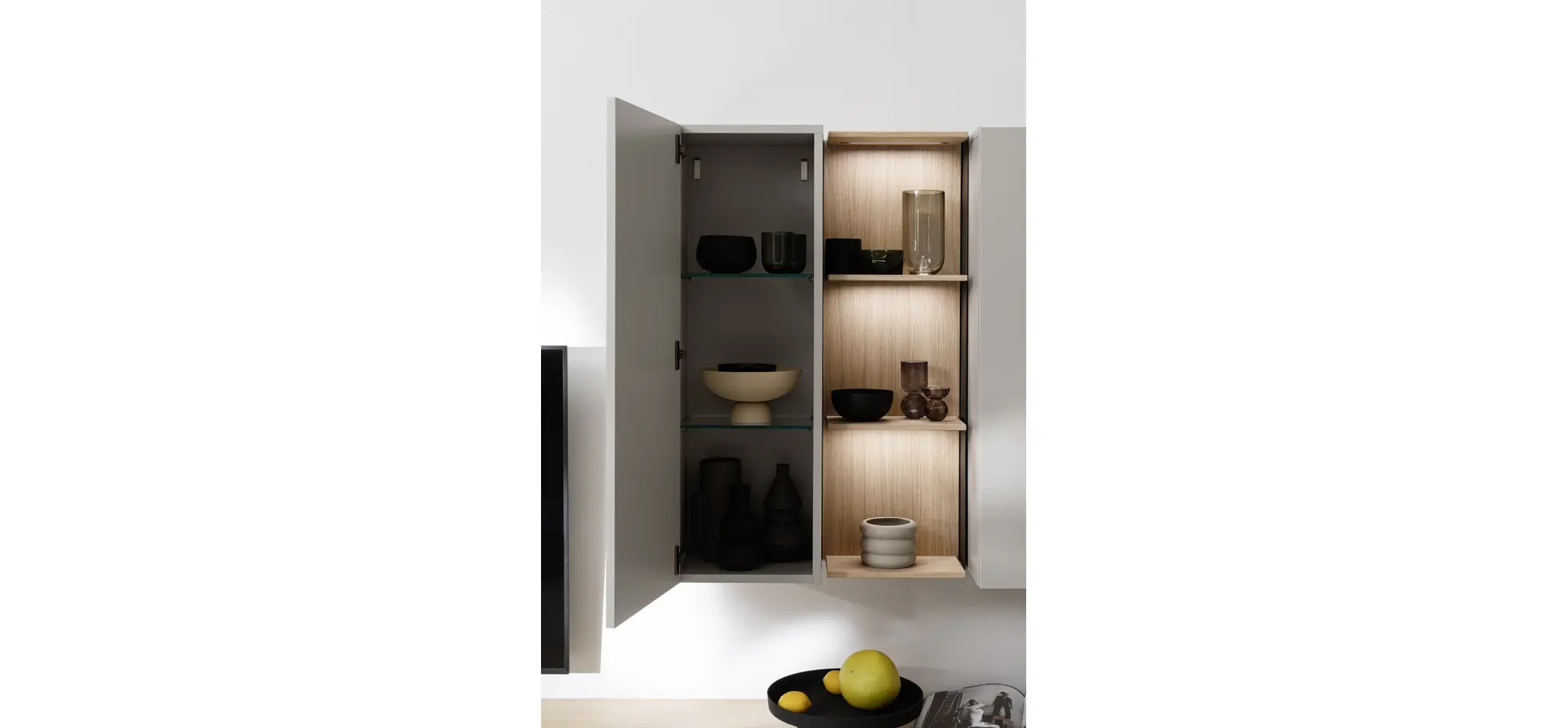 Wohnwand Venzone - B ca. 360 cm, Lack, Hellgrau, Eiche furniert