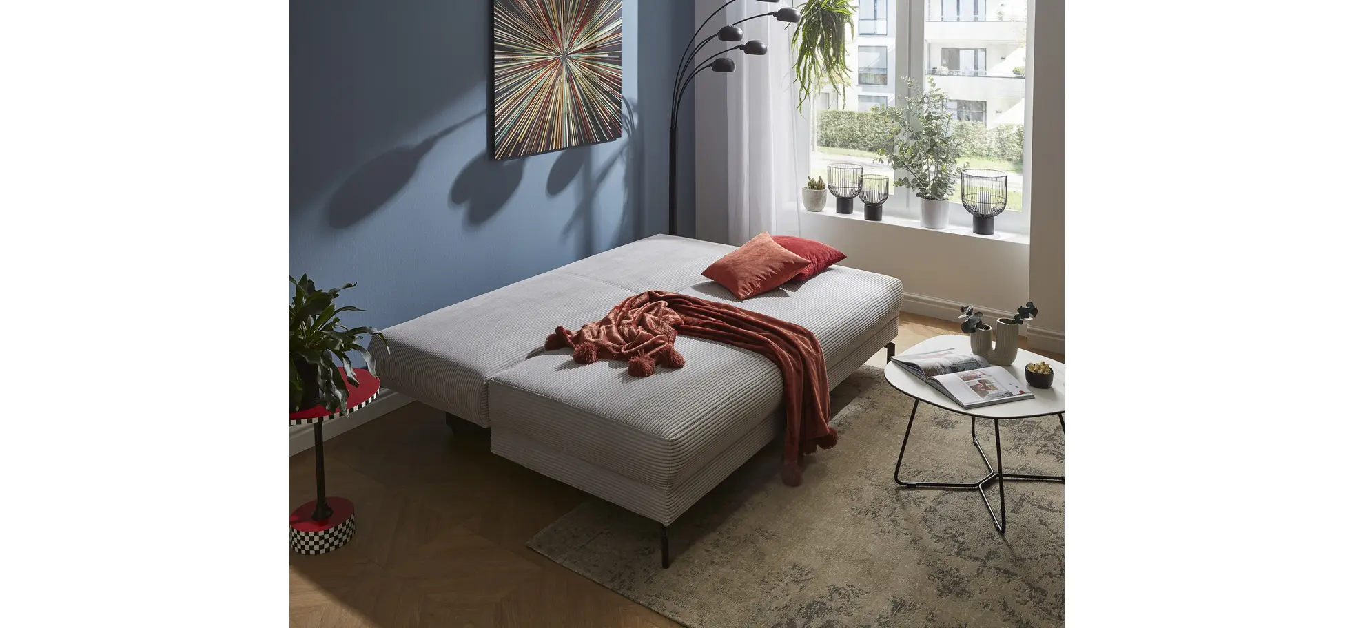 Schlafsofa Salema - 3-Sitzer mit Schlaffunktion (Liegefläche ca. 150x200cm), Stoff, Hellgrau