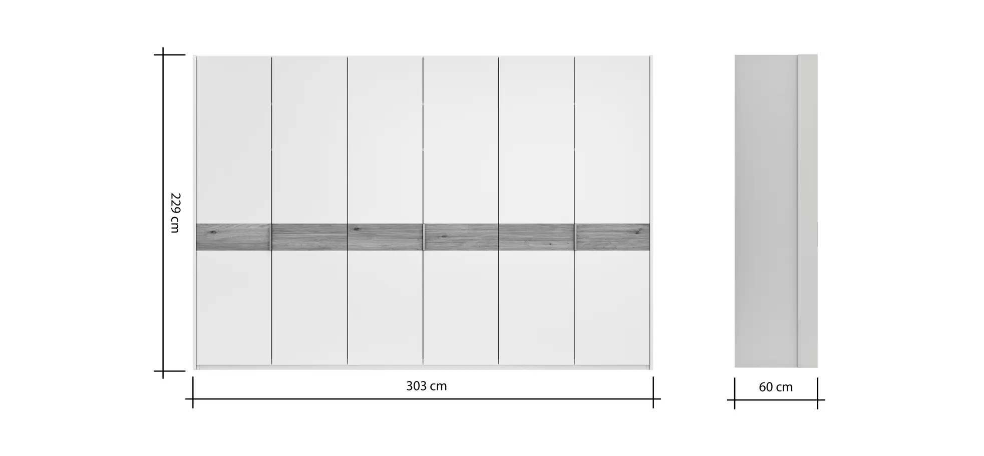 Drehtürenschrank Viana - B ca. 303 cm, Lack, Weiß, Riffholz, Wildeiche