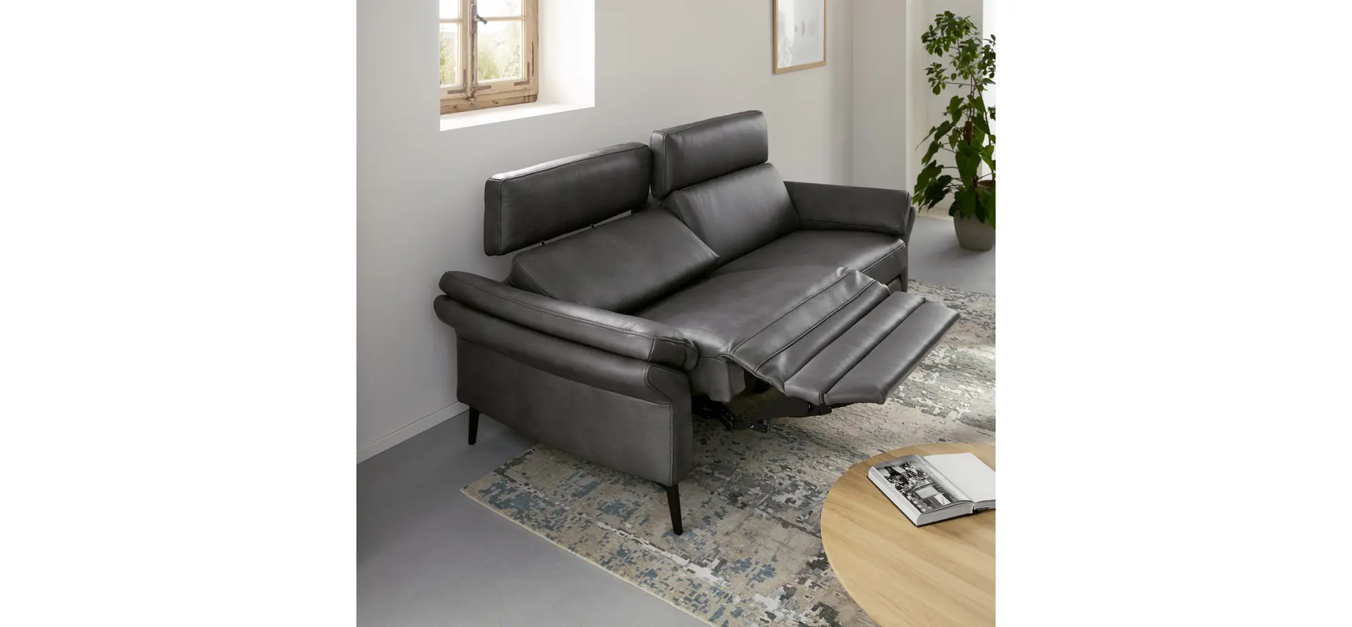 Sofa Atella - 3-Sitzer inkl. motorischer Relax- und Kopfteilverstellung, Leder, Anthrazit
