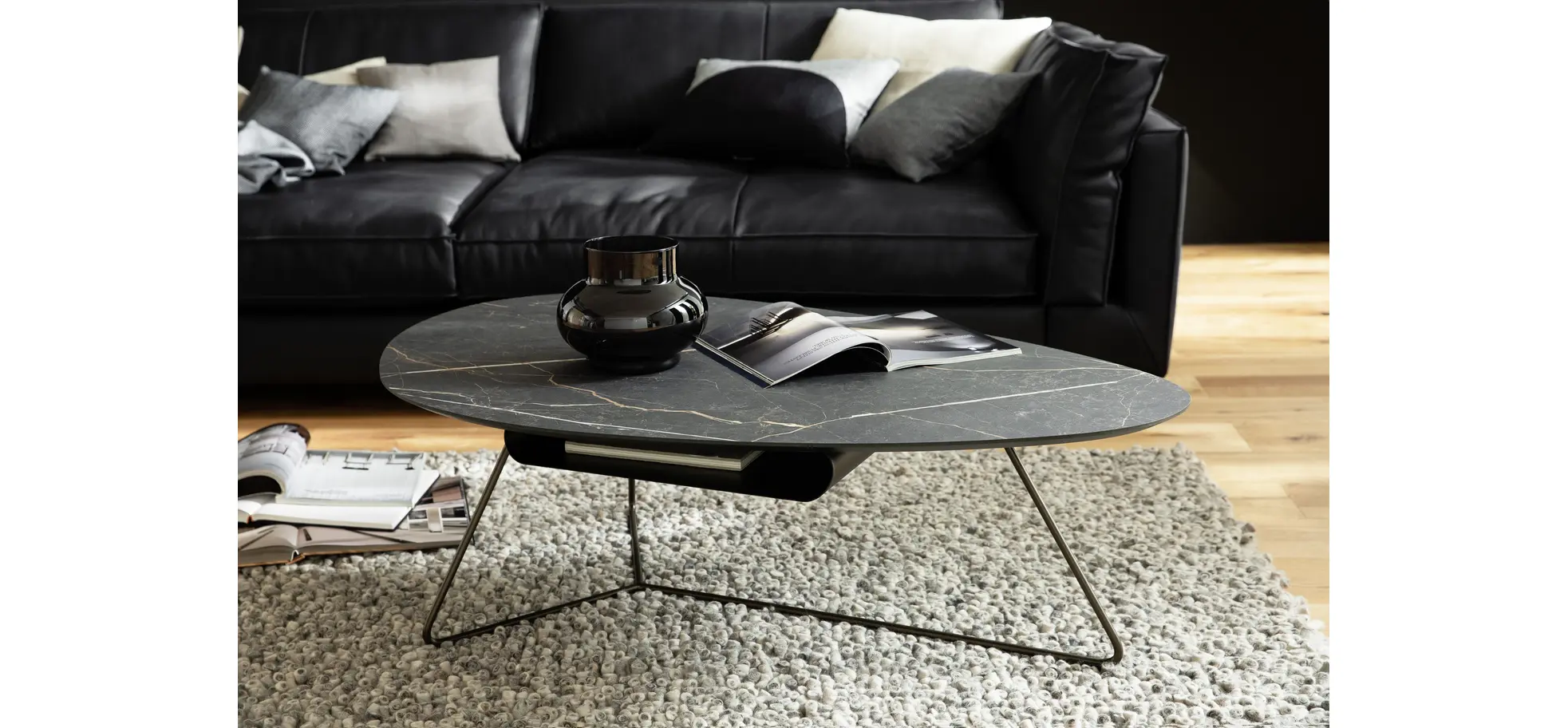 Couchtisch Fano - LBH ca. 121x75x38 cm, HPL, Schwarz marmoriert