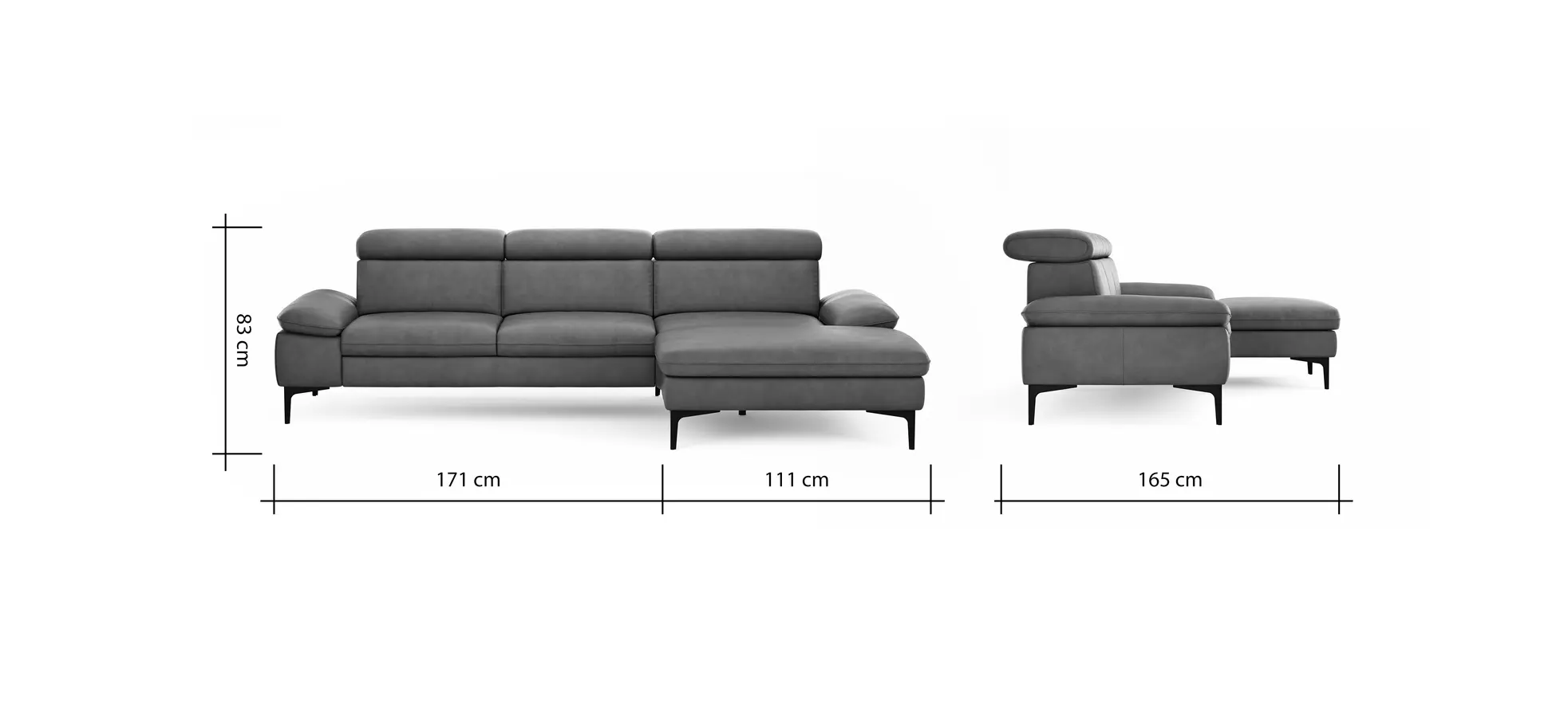 Ecksofa Felipa - 2,5-Sitzer mit Longchair rechts inkl. Kopfteil verstellbar, Leder, Cognac