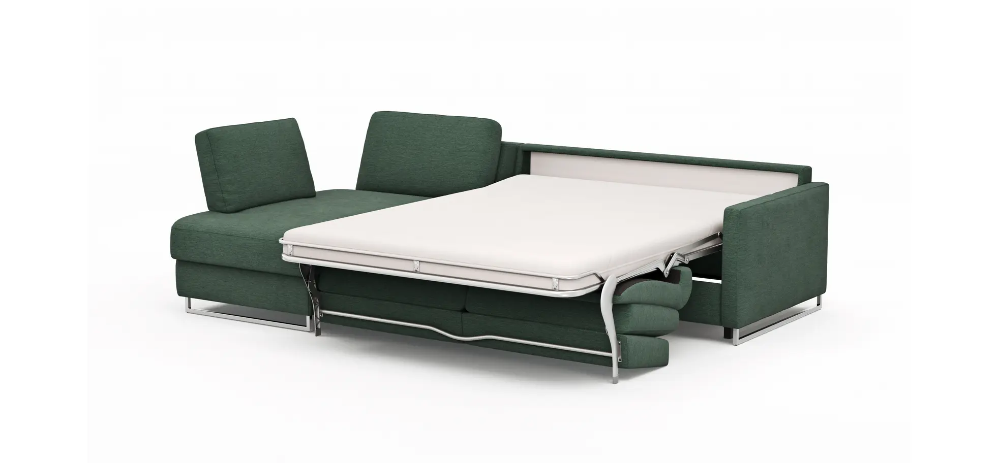 Ecksofa Nuoro - Longchair links mit 2-Sitzer inkl. Schlaffunktion und Bettkasten, Stoff, Dunkelgrün