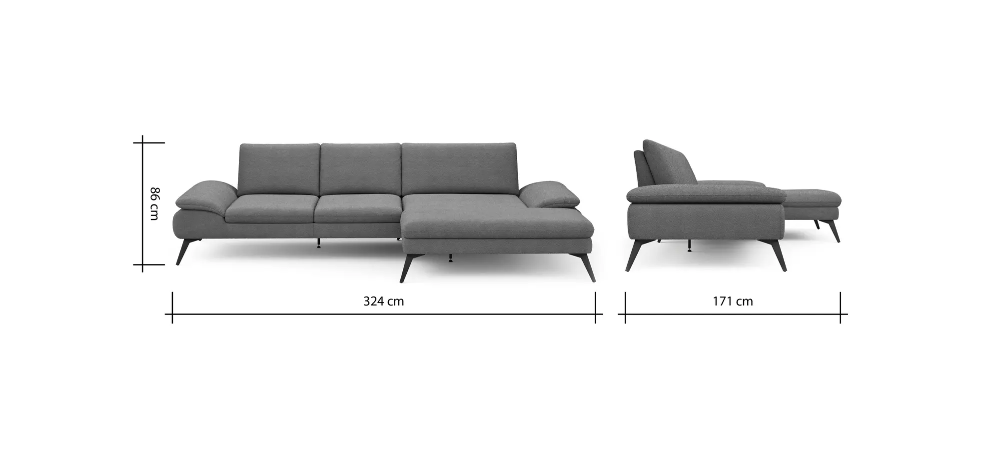 Ecksofa Collina - 2,5-Sitzer, Longchair rechts inkl. Sitztiefen- u. Armlehehnenverstellung, Stoff, Dunkelgrau