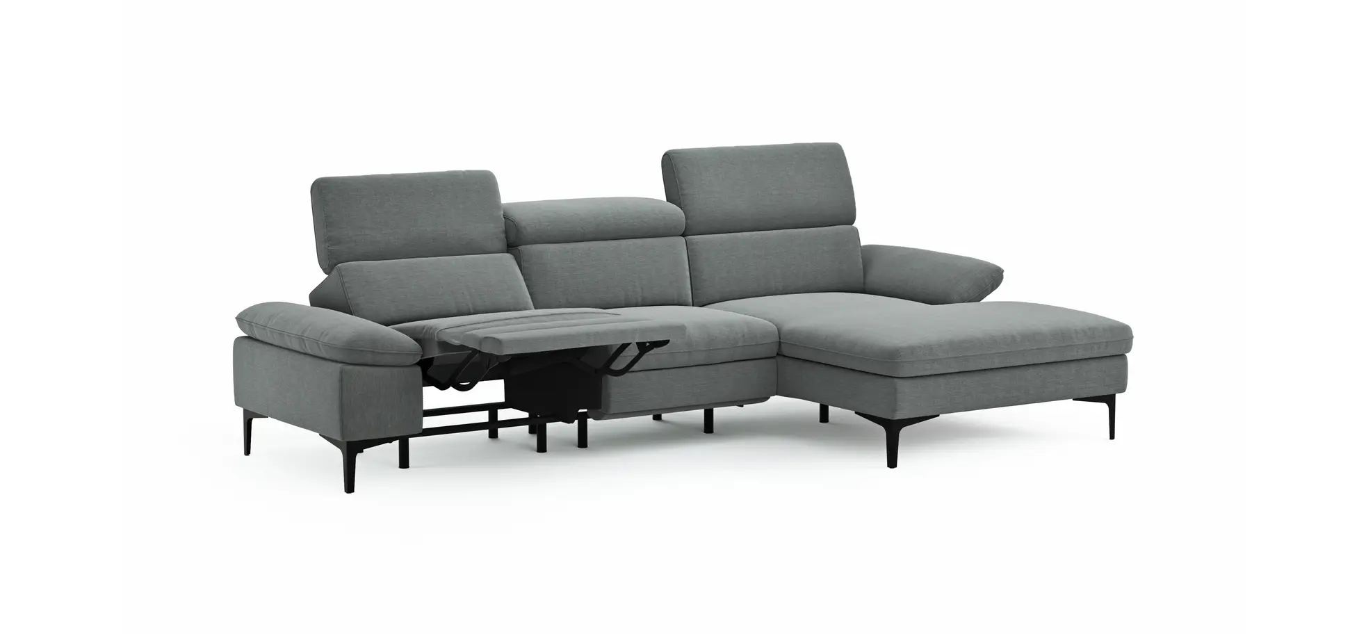 Ecksofa Felipa - 2,5-Sitzer mit Longchair rechts inkl. Armlehne verstellbar und Rückenlehne/Sitztiefe verstellbar (motorisch), Stoff, Grau