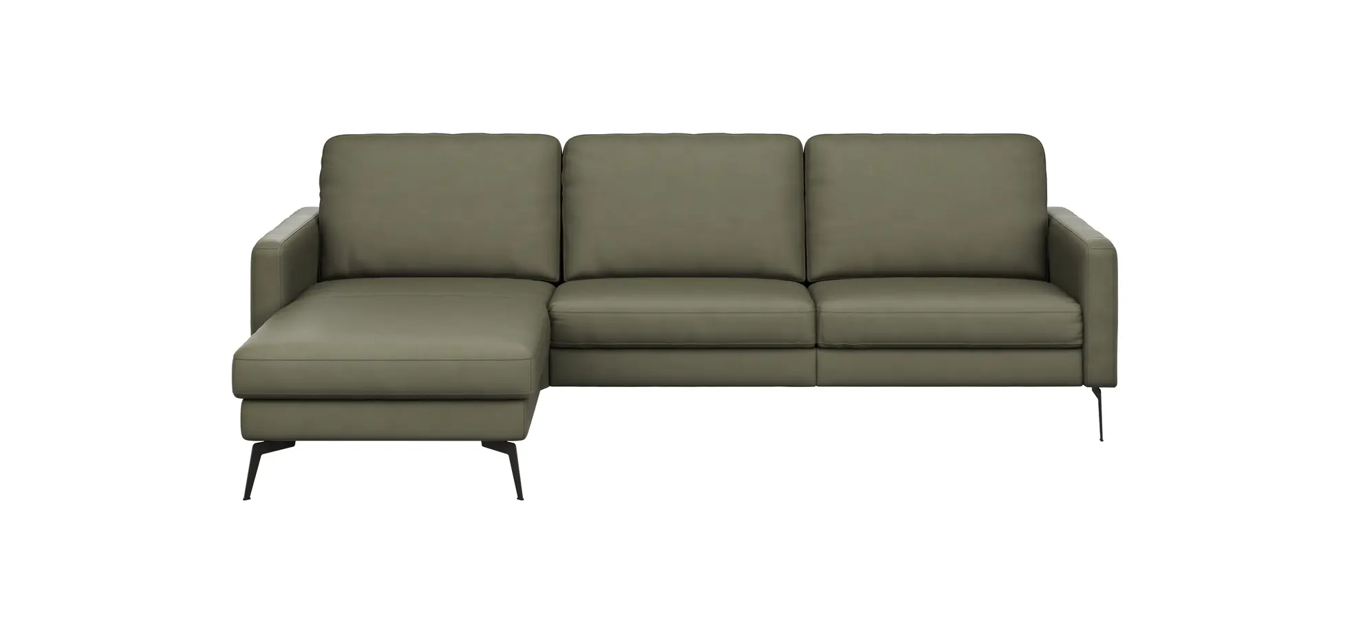 Ecksofa Enna - Longchair Links mit 3-Sitzer, Armlehne A, Leder, Olive 130923