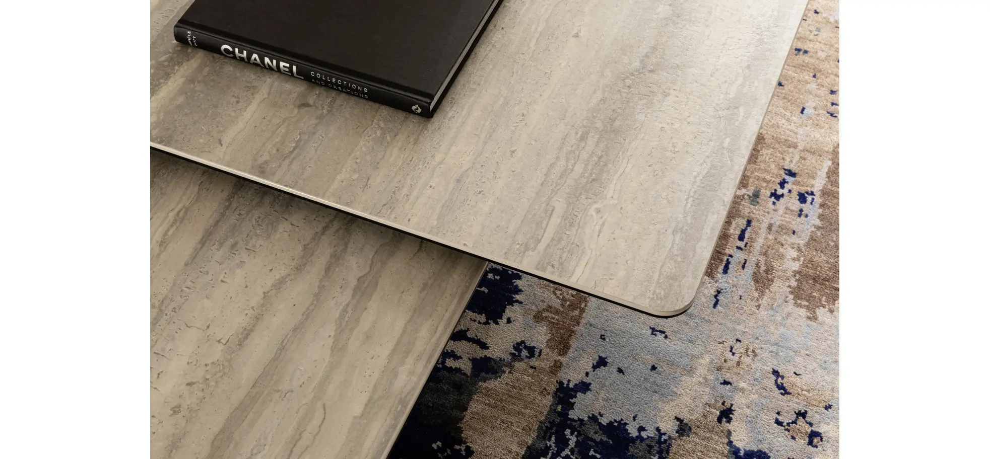 Couchtisch Cena - LB ca. 132x108 cm, Platten drehbar, Keramik, Travertin 