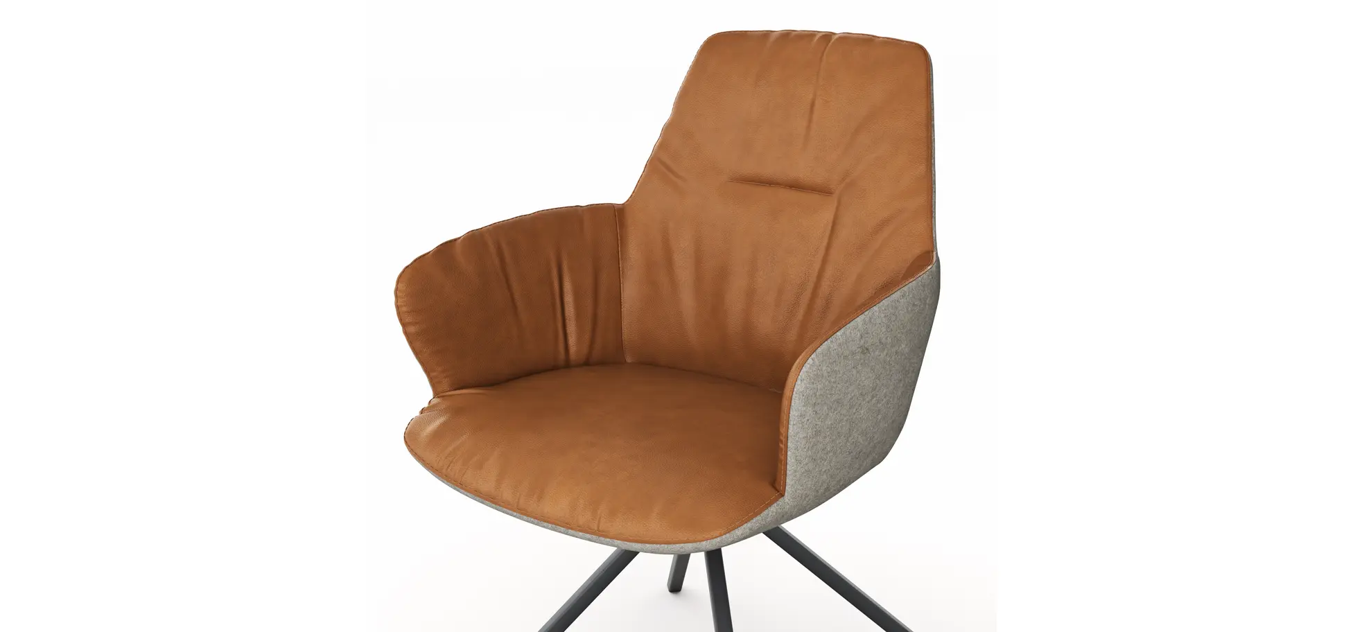 Armlehnstuhl Pegara - Stoff, Hellgrau, Leder, Cognac