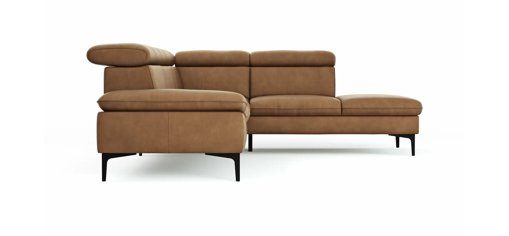 Ecksofa Felipa - 2,5-Sitzer mit Ecke rechts inkl. Kopfteil verstellbar, Leder, Cognac