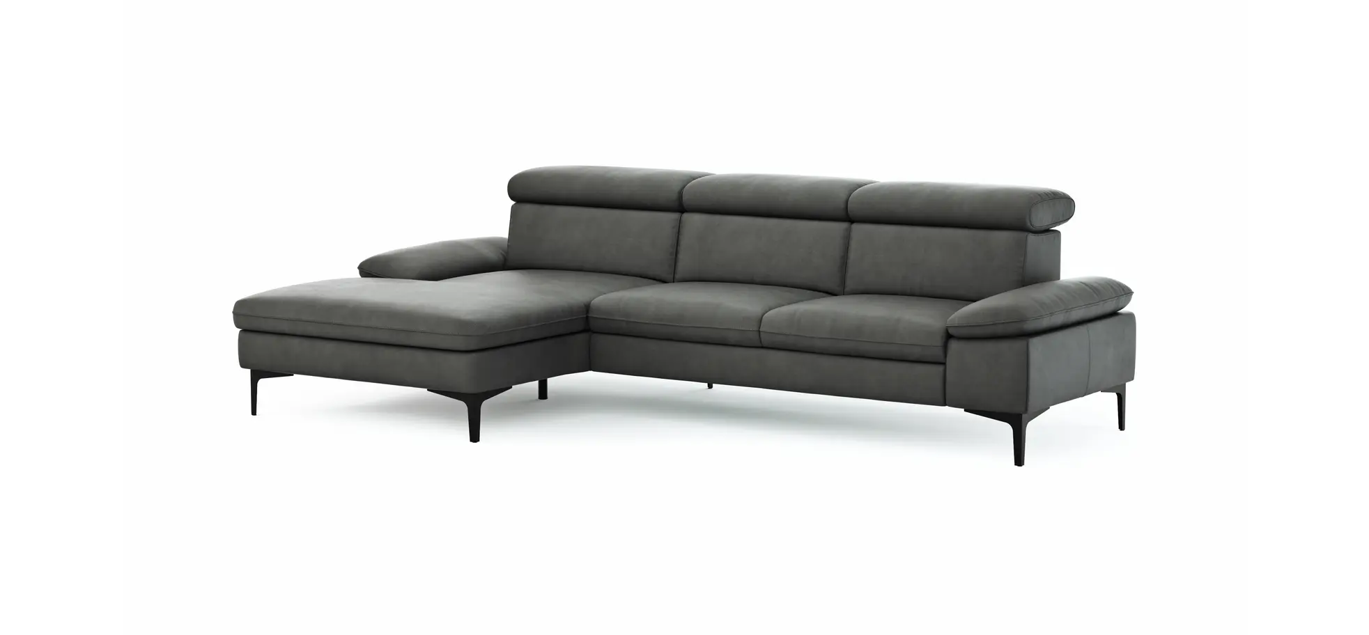 Ecksofa Felipa - Longchair links mit 2,5-Sitzer inkl. Kopfteil verstellbar, Leder, Grau