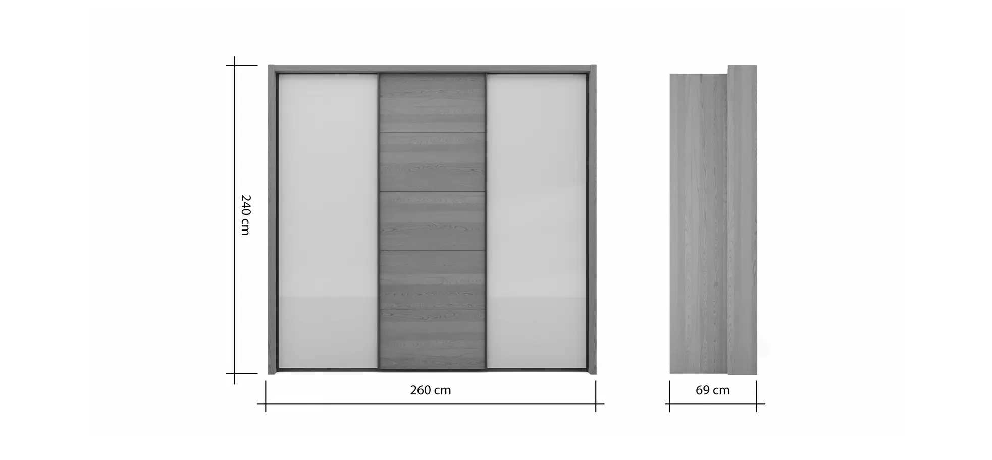 Schwebetürenschrank Lenoso -  B. ca. 260 cm, Eiche massiv, Glas, Champagner
