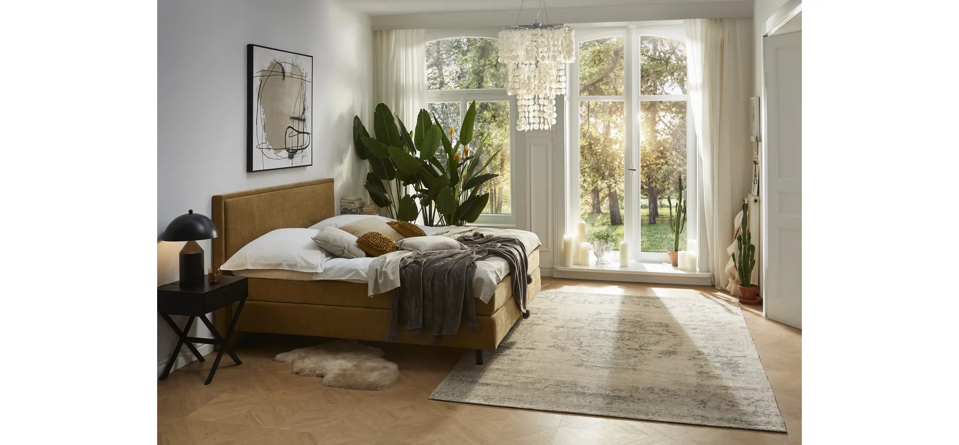 Boxspringbett Valencia - Liegefläche ca. 180x200 cm, Stoff, Senfgelb