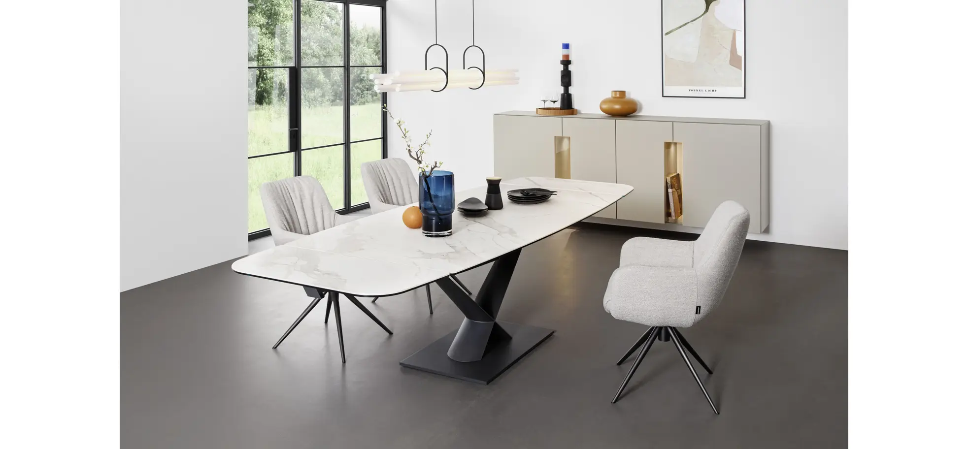 Esstisch Savona - LB ca. 200x100 cm, ausziehbar, Keramik, Weiß, Bootsform