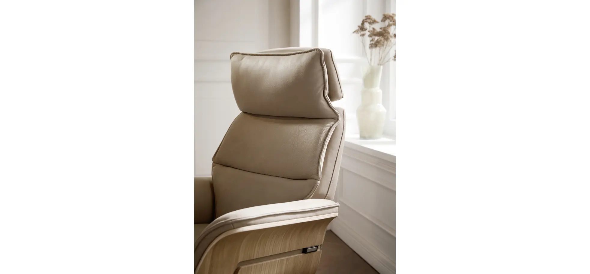 Relaxsessel Perano - Drehbar, Wildeiche hell, Leder, Beige