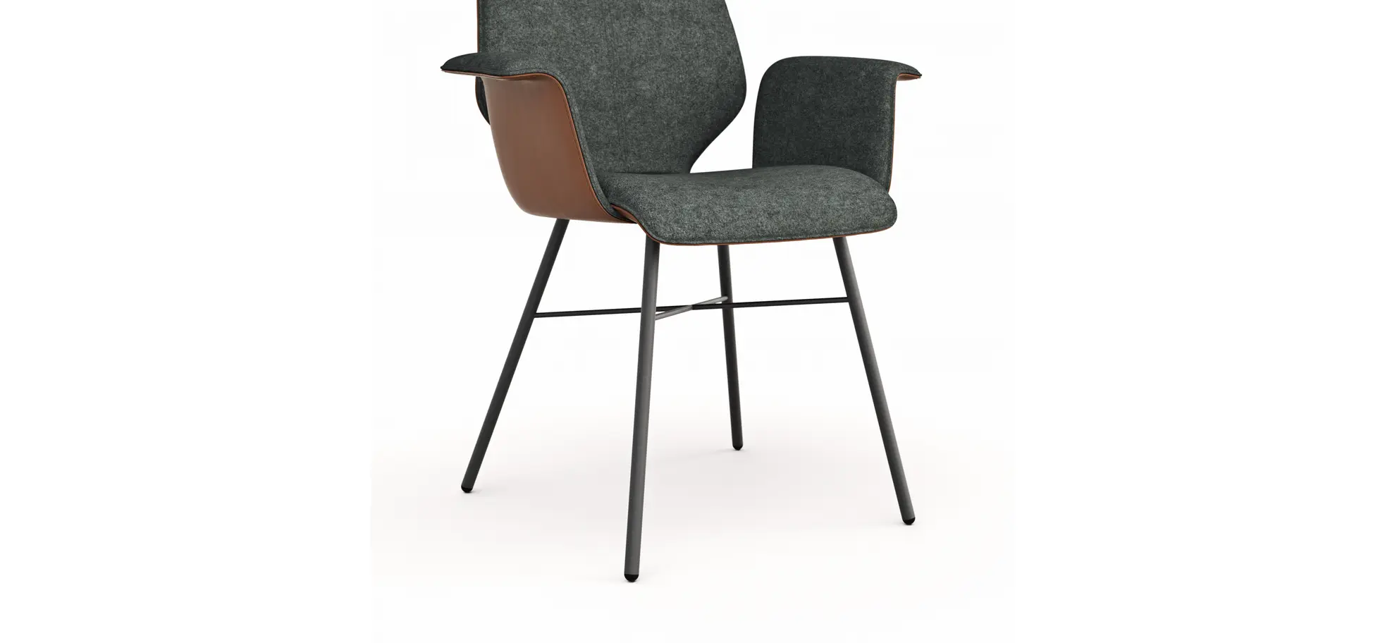 Armlehnstuhl Penthouse - Stoff, Steingrau, Leder, Cognac, 4 Fuß, Anthrazit