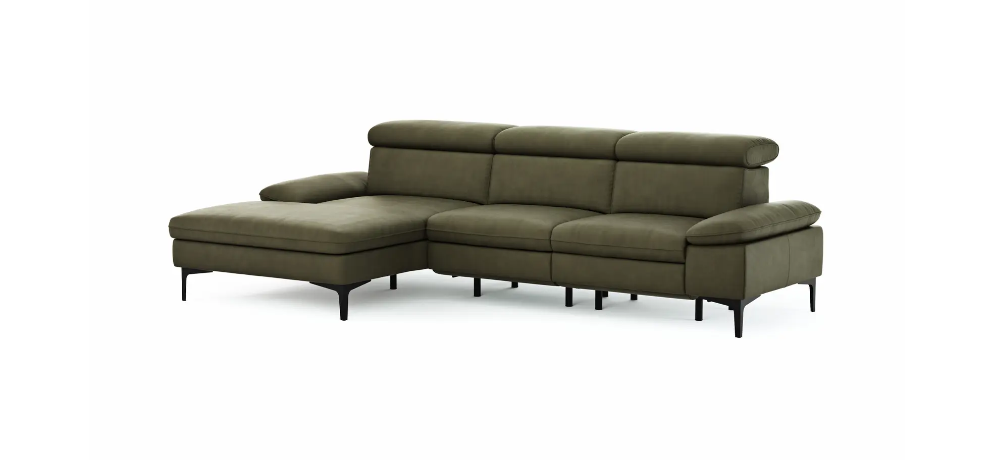 Ecksofa Felipa - Longchair links mit 2,5-Sitzer inkl. Armlehne verstellbar und Rückenlehne/Sitztiefe verstellbar (motorisch), Leder, Olive