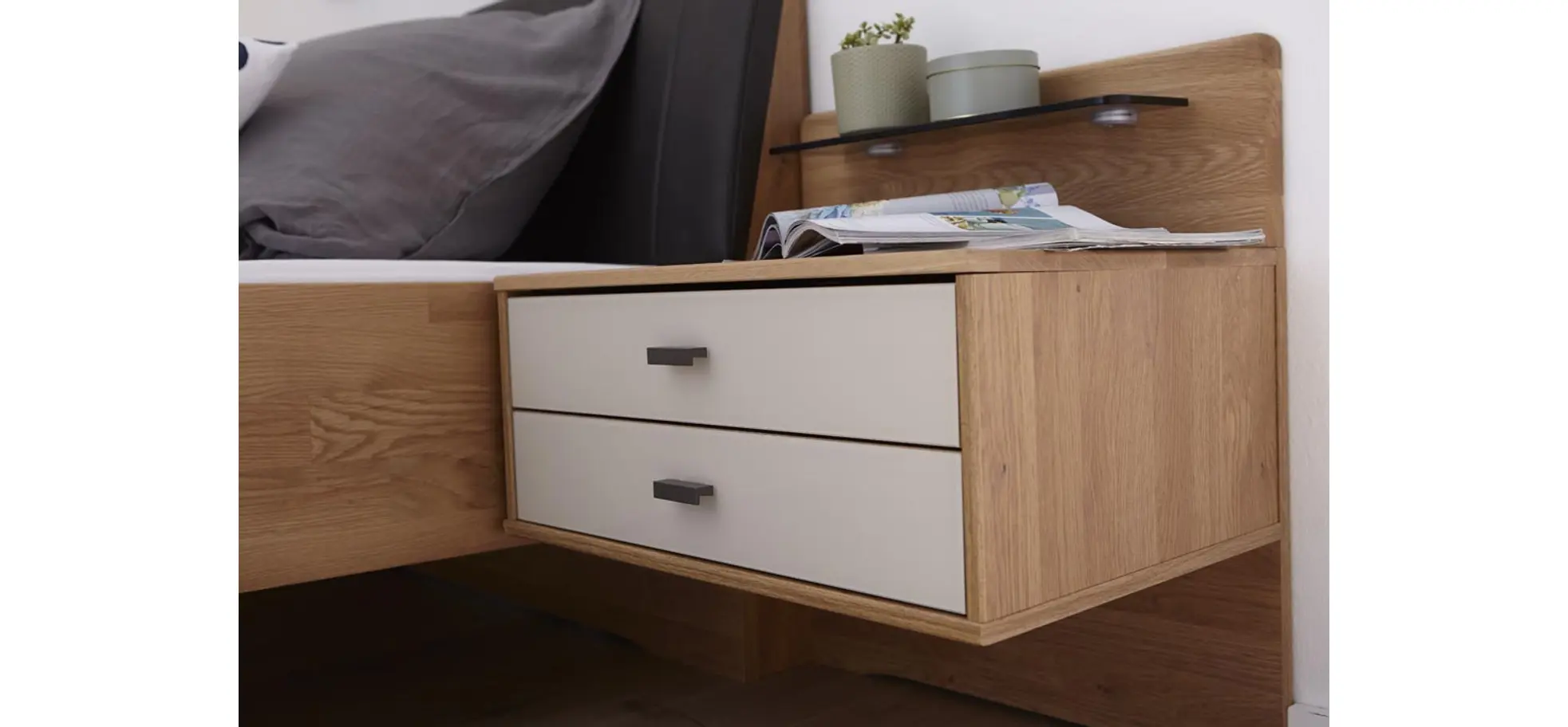 Nachttisch Lenoso - Eiche Nachbildung, Glas Champagner