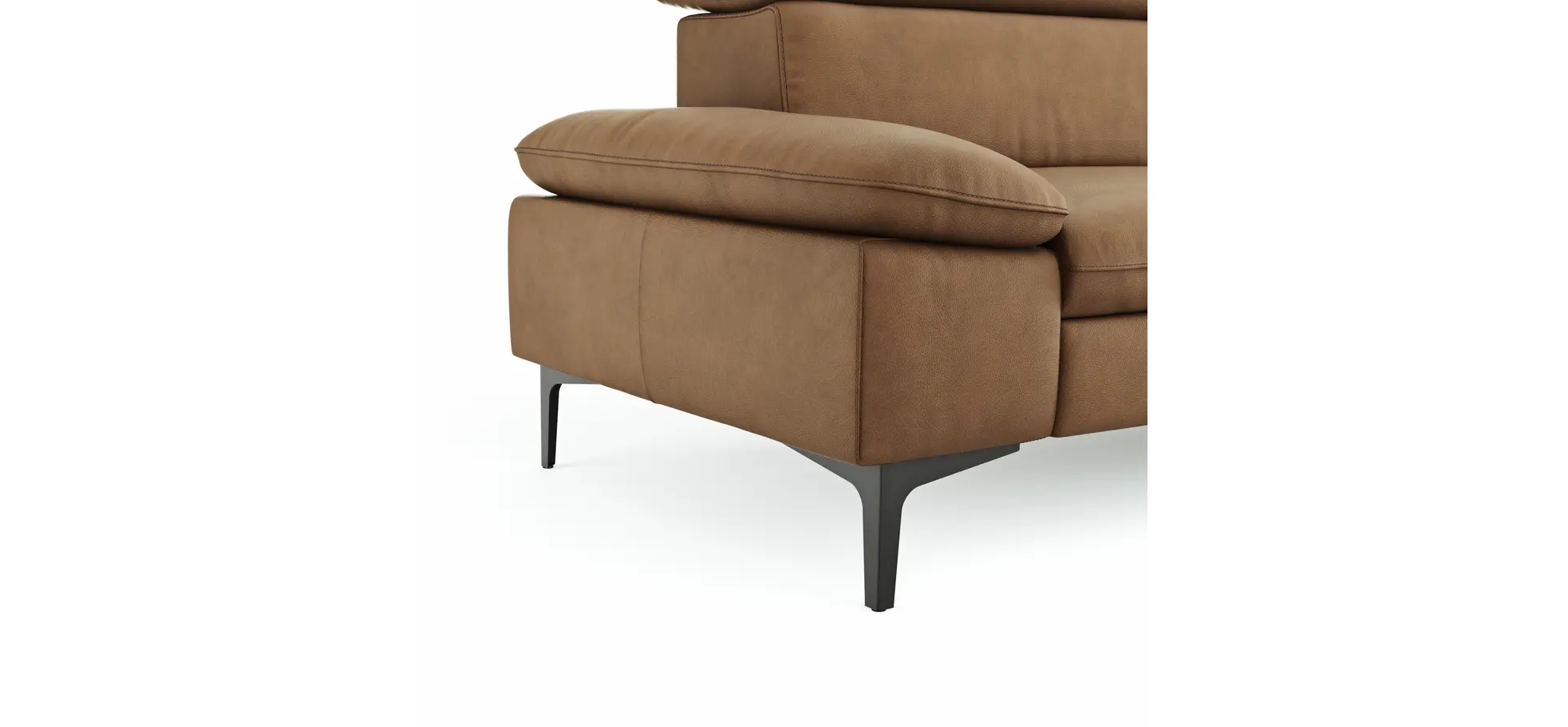 Ecksofa Felipa - 2,5-Sitzer mit Longchair rechts inkl. Kopfteil verstellbar, Leder, Cognac