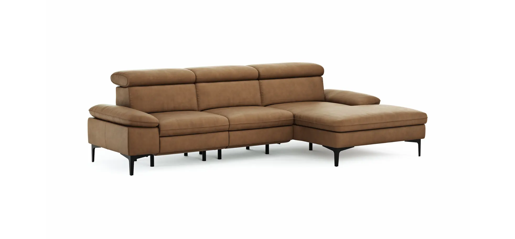 Ecksofa Felipa - 2,5-Sitzer mit Longchair rechts inkl. Armlehne verstellbar und Rückenlehne/Sitztiefe verstellbar (motorisch), Leder, Cognac