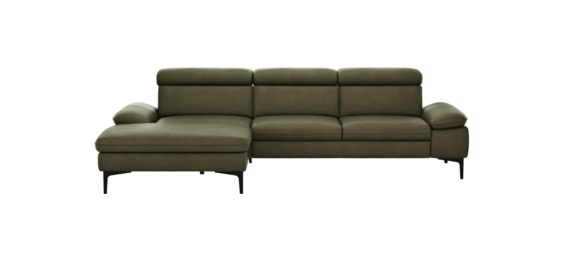 Ecksofa Felipa - Longchair links mit 2,5-Sitzer inkl. Kopfteil verstellbar, Leder, Olive 105126