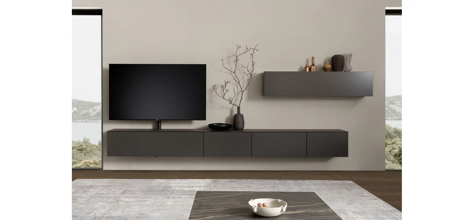 Wohnwand 3900 - inklusive Kamin und TV-Halterung, Lack, Schiefergrau